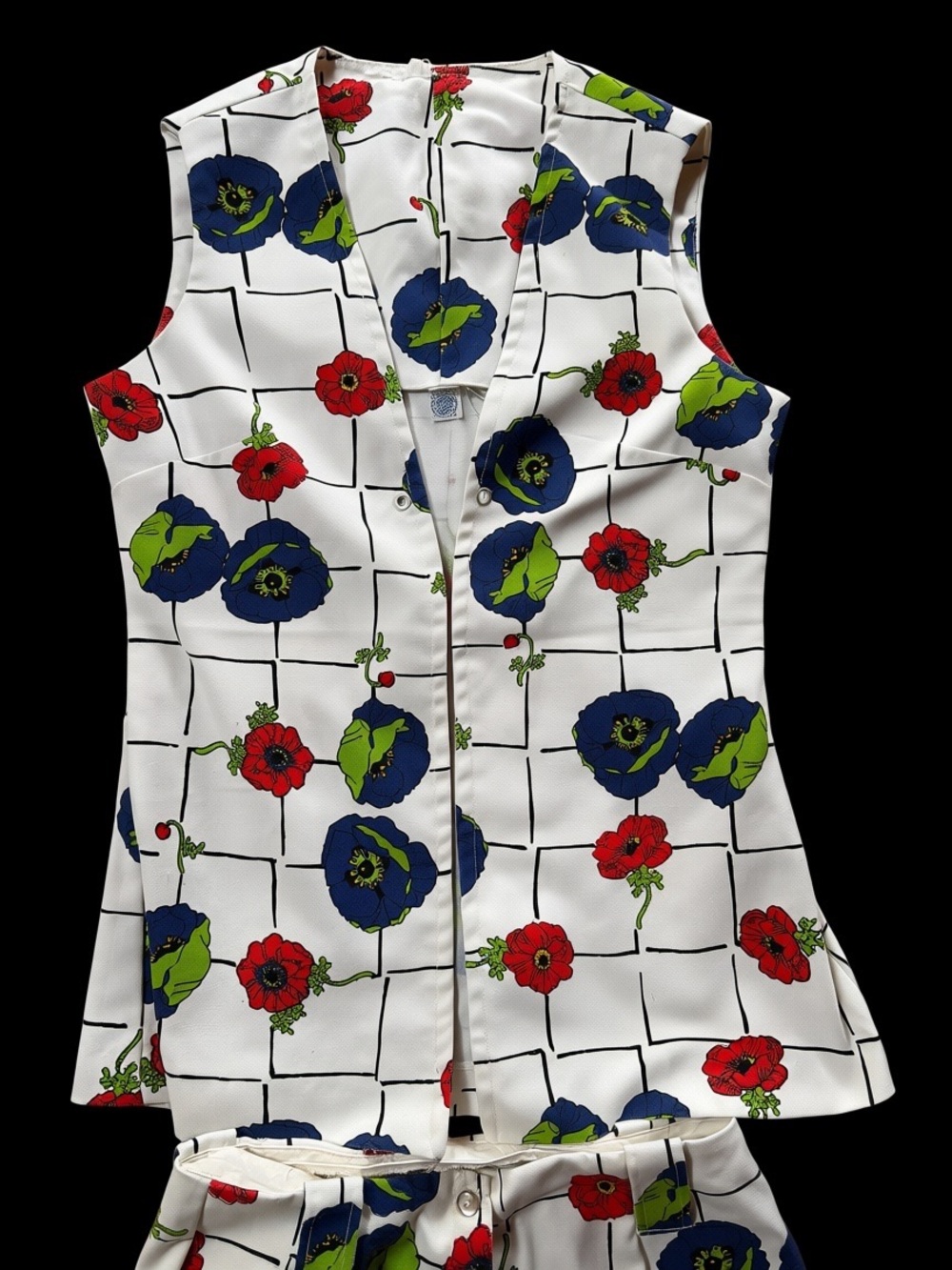 Late 60s Evan-Picone 2-Piece Poppy Print Woven Cotton Duck Canvas Vest & Trouser - Picture 2 of 7